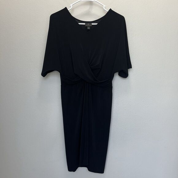Worthington | Black Twist Front Surplice Stretchy Short Sleeve Midi Dress Small - Picture 2 of 6